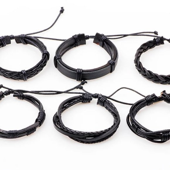 6pcs Men's Multilayer Leather Bracelet (Black) - Picture 5 of 5